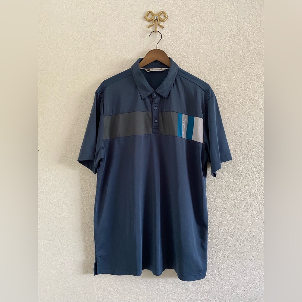 Travis Mathew Striped Short Sleeve Button Front Polo Shirt Men’s XL Blue Gray